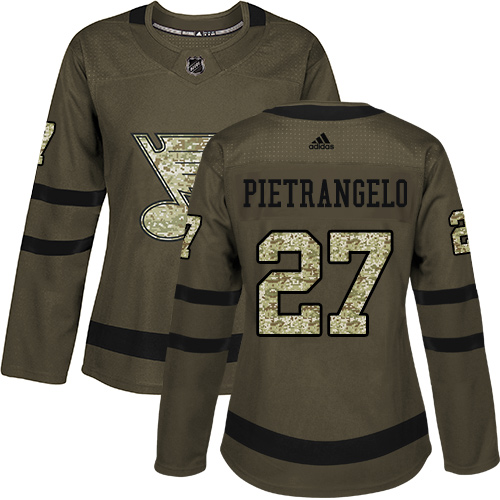Adidas Blues #27 Alex Pietrangelo Green Salute to Service Women's Stitched NHL Jersey - Click Image to Close
